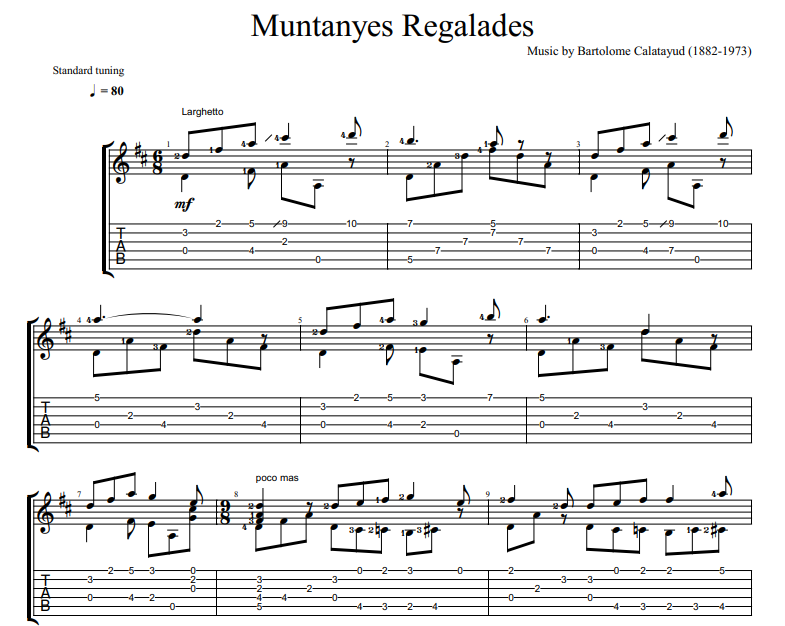 Bartolome Calatayud - Muntanyes Regalades sheet music for guitar TAB